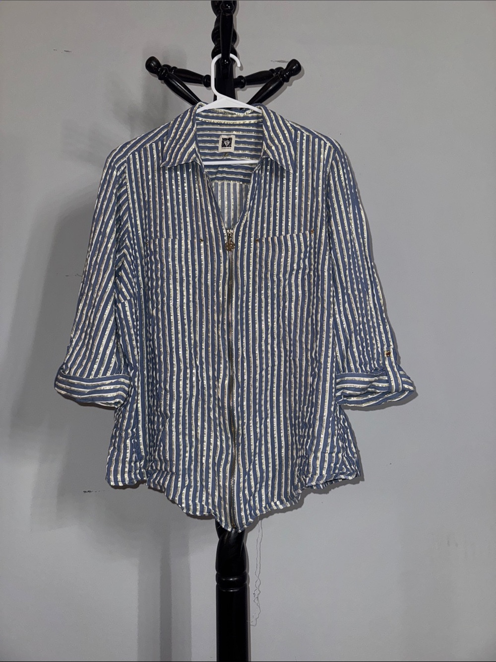 Anne Klein Striped Blue and White Button-Up Shirt - Casual Long Sleeve 3.1T